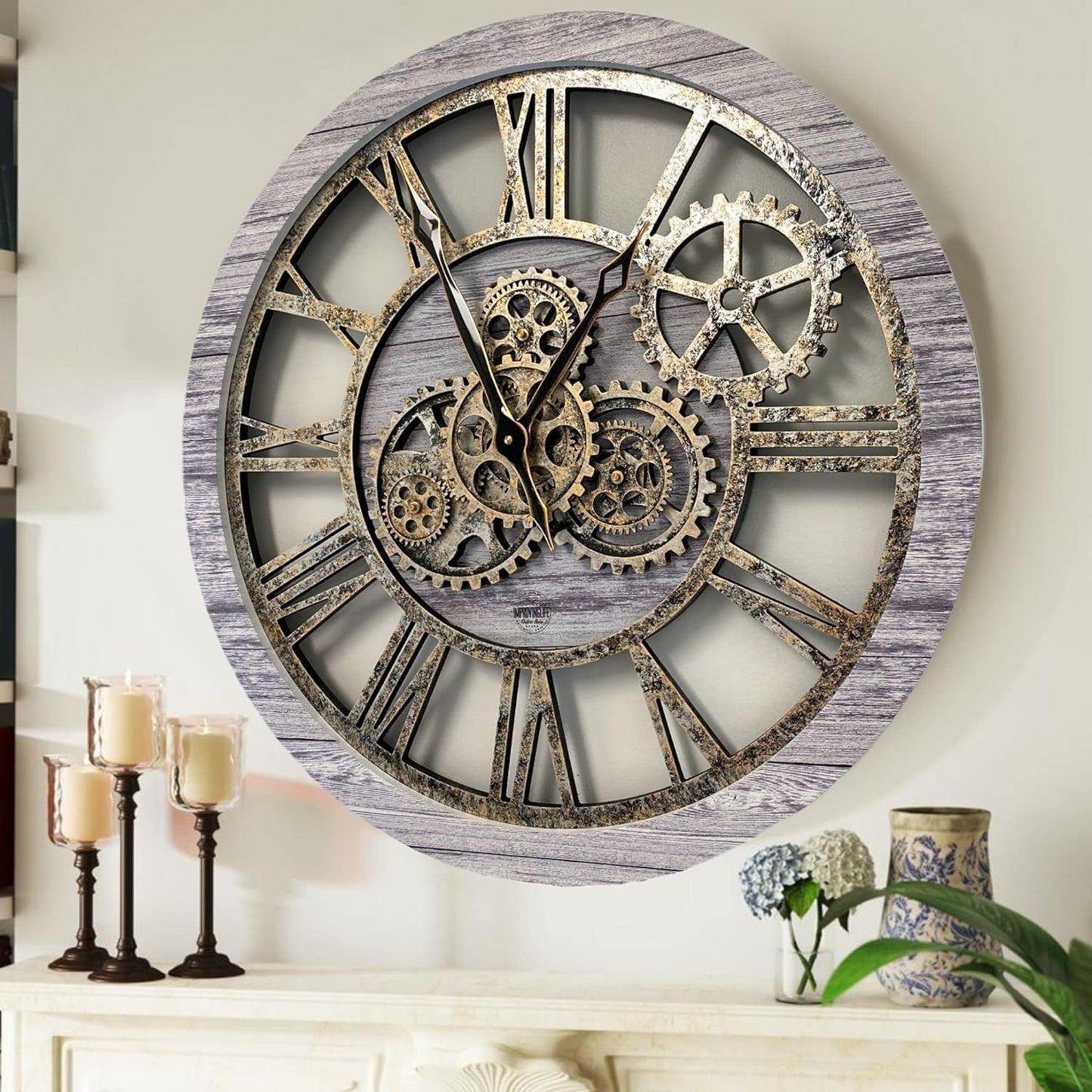 The Gears Clock The Original Real Moving Gear Wall Clock Vintage Industrial Oversized Rustic Farmhouse (24 inch (60cm),Silver Grey)