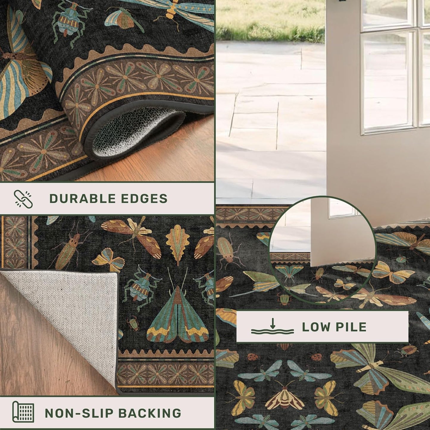 Small Black Entryway Rug - 2x3 Front Door Rug Indoor Entrance, Small Carpet for Kitchen Floor, Bathroom, Powder Room, Washable Low Pile Non Slip, Insect Print Home Décor