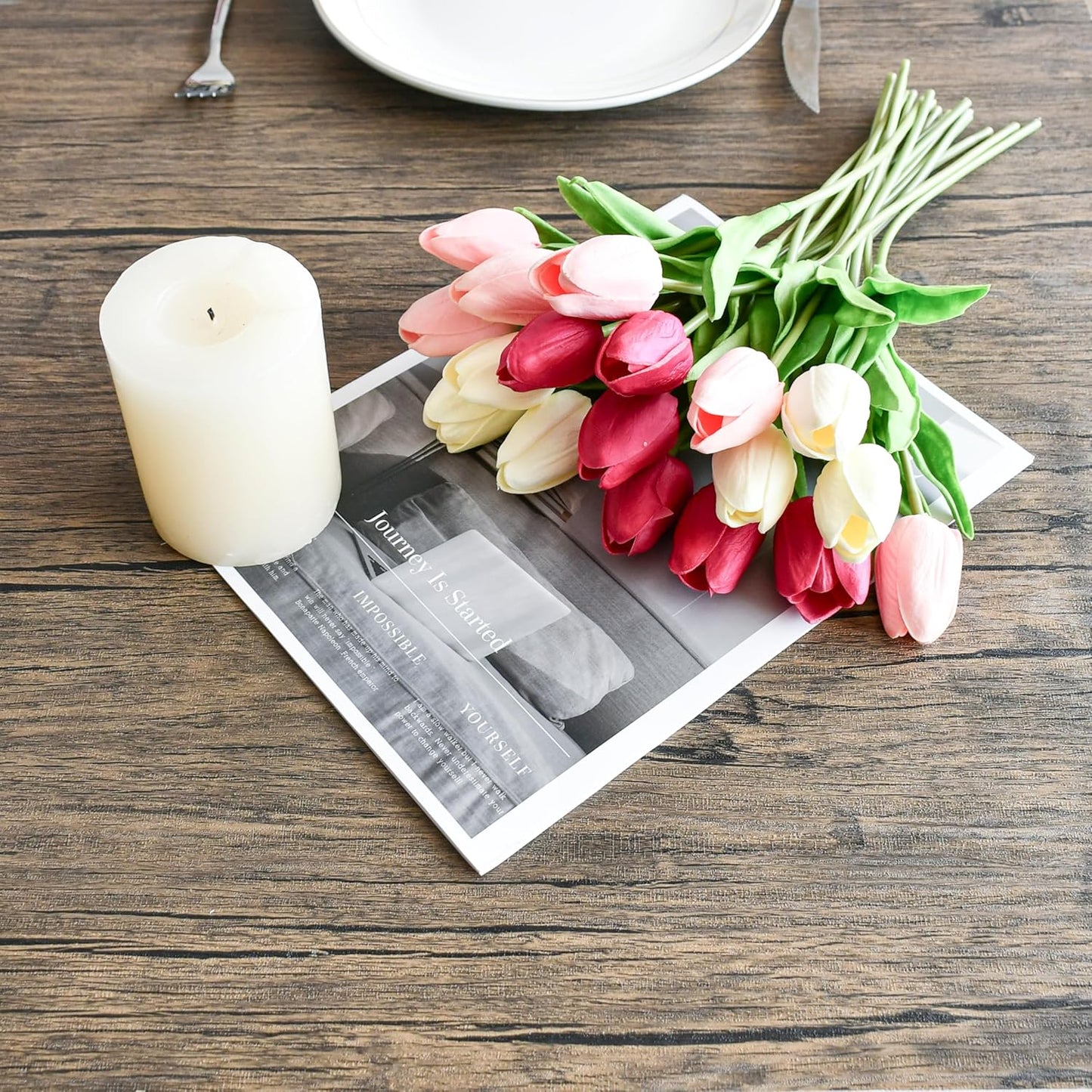 Mandy's Artificial Tulips 20 Stems Shades of Pink PU Faux Flowers for Wedding Home Decor 13.5 Inch