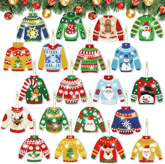 Tondiamo 20 Pcs Christmas Diamond Painting Keychain Kits 5D DIY Diamond Art Pendants Double Sided Hanging Key Chains for Christmas Party Decoration DIY(Sweater Style)