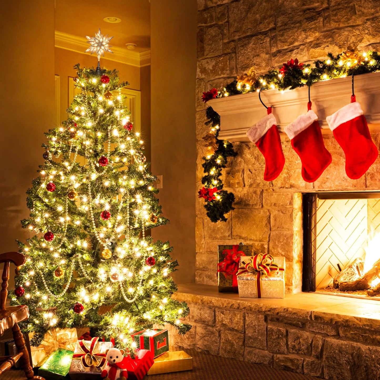 ODEETRONIC Silver Glittered Snowflake Tree Topper, 8 in 3D Christmas Tree Star Topper with 25 Clear Lights, 120V UL Certified Snowflake Tree Toppers, Warm Silver Tree Toppers for Xmas Tree Party Decor