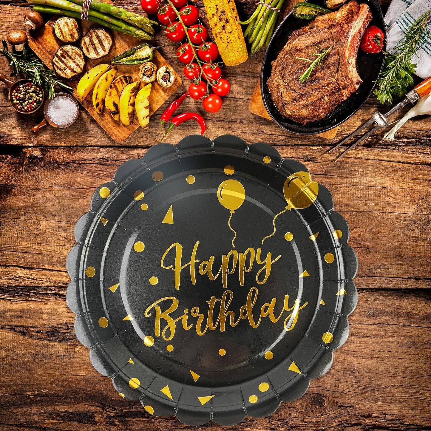 50PCS Birthday Paper Plates - 7 Inch Birthday Cake Plates Scalloped Black and Gold Dessert Plate Disposable Tableware Decorations for Birthday's Party Supplies
