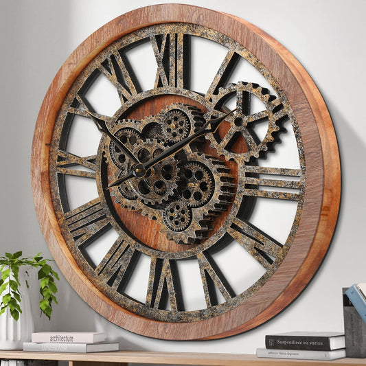 HOIBAI Large Wall Clock, Wall Clocks for Living Room Decor 20 Inch Farmhouse Vintage Rustic Kitchen Wall Decor Vintage Roman Oversized Wall Clock for Home Bedroom House, Moving Gears Clock