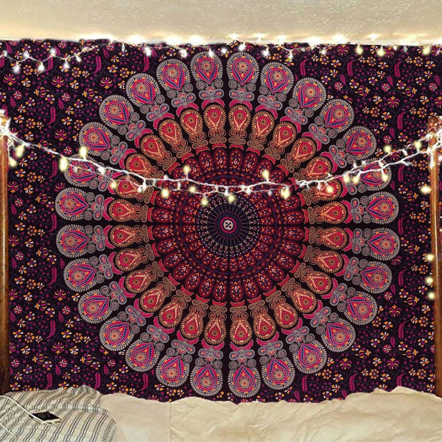 Bless International Handmade Indian hippie Bohemian Psychedelic Peacock Mandala Wall hanging College Dorm Beach Throws Table Cloth Bedding Tapestry (Golden Pink Blue, Medium(54x60Inches)(137x152cms))