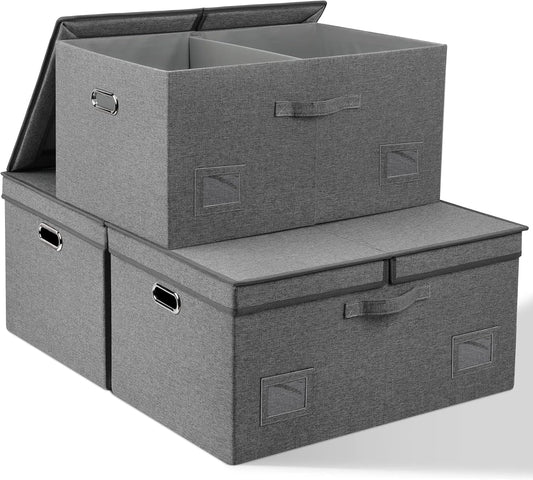 75 Quarts Extra Large Decorative Storage Bins with Lids, 3 Packs Gray Collapsible Storage Bins with Lids, Stackable Storage Bins Decorative Box Storage With Lid Extra Large