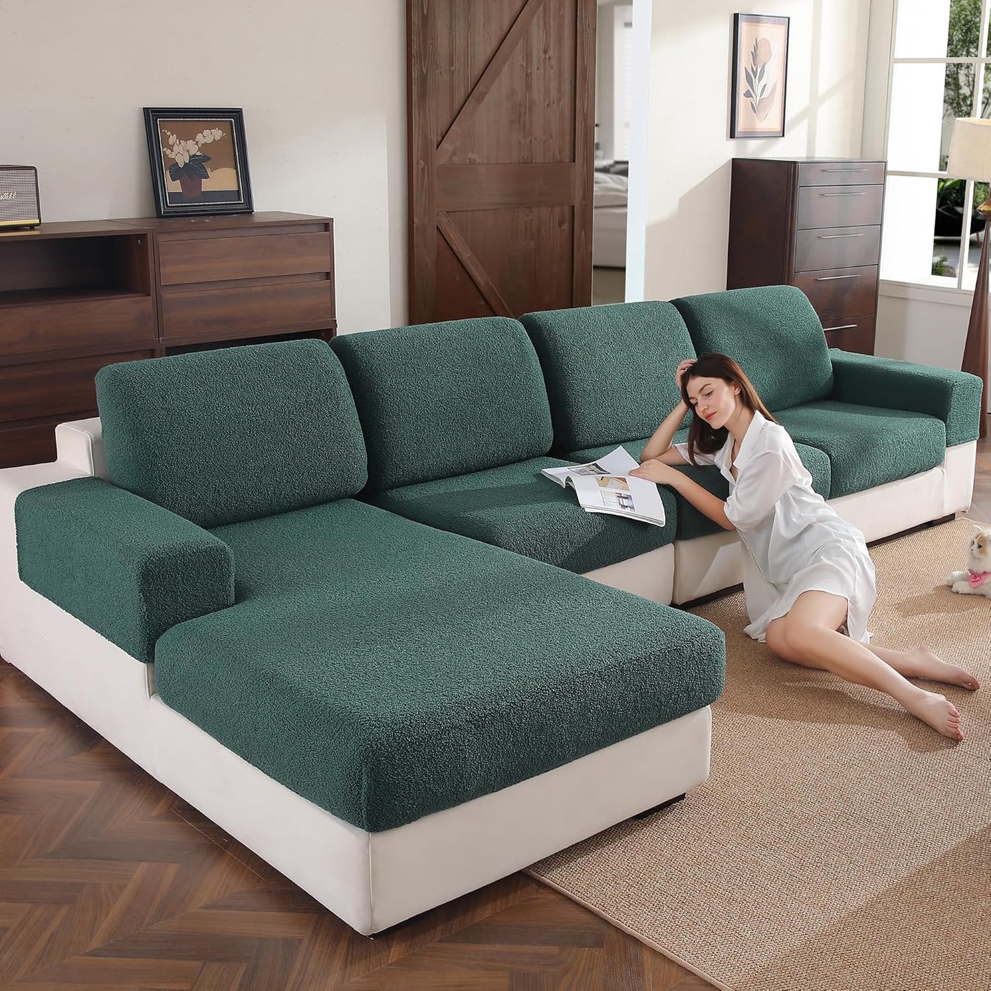 Couch Cushion Covers for Sectional Sofa, Stretch Soft Sofa Slipcovers Washable Wear-Resistant Universal Furniture Protector for Living Room(3 Seaters Covers, Green)