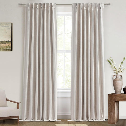 Linen Curtains 120 Inches Long for Bedroom, Ceiling Mount Track Curtains with Back Tab Pinch Pleated Blackout Drapes for Sliding Glass Patio Doors Inside 10 ft Large Window Farmhouse 2 Panels