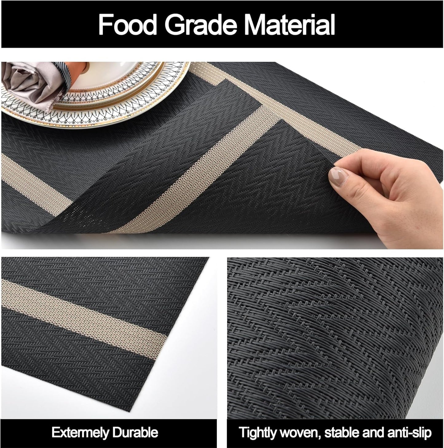 Black Placemats Set of 8 - Easy Clean Modern Durable Washable Vinyl Place Mats - Heat Resistant Placemats for Kitchen Table - PVC Table Mats for Dining Table (Black with Stripes, 8)