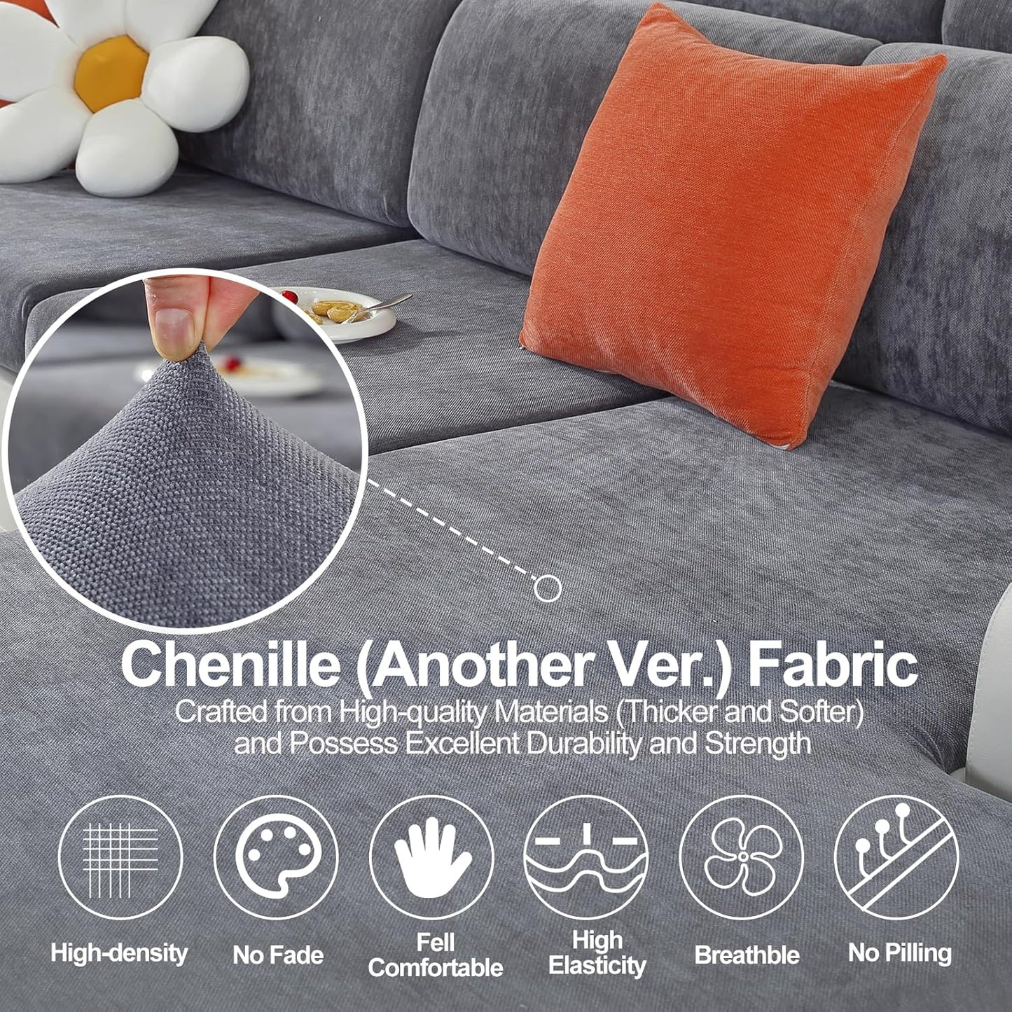Sectional Couch Covers for L Shaped Sectional Sofa (Left or Right Facing) – Softer Chenille Sofa Covers Washable, Non-Slip Stretch Chaise Slipcover (Only 1 Piece, Dark Grey)