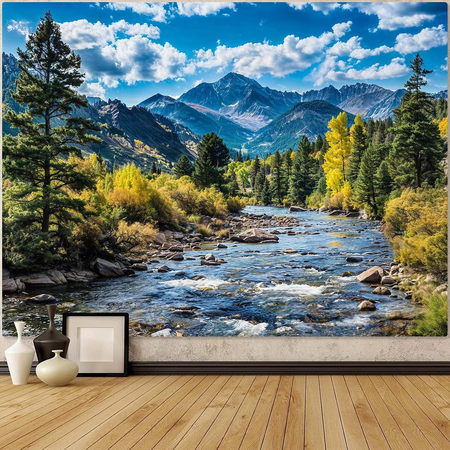AMM Nature Forest Mountain Tapestry Green Pine Tree Tapestry for Bedroom Aesthetic White Clouds Flowing River Landscape Classroom Tapestries Wall Hanging for Living Room Dorm Office