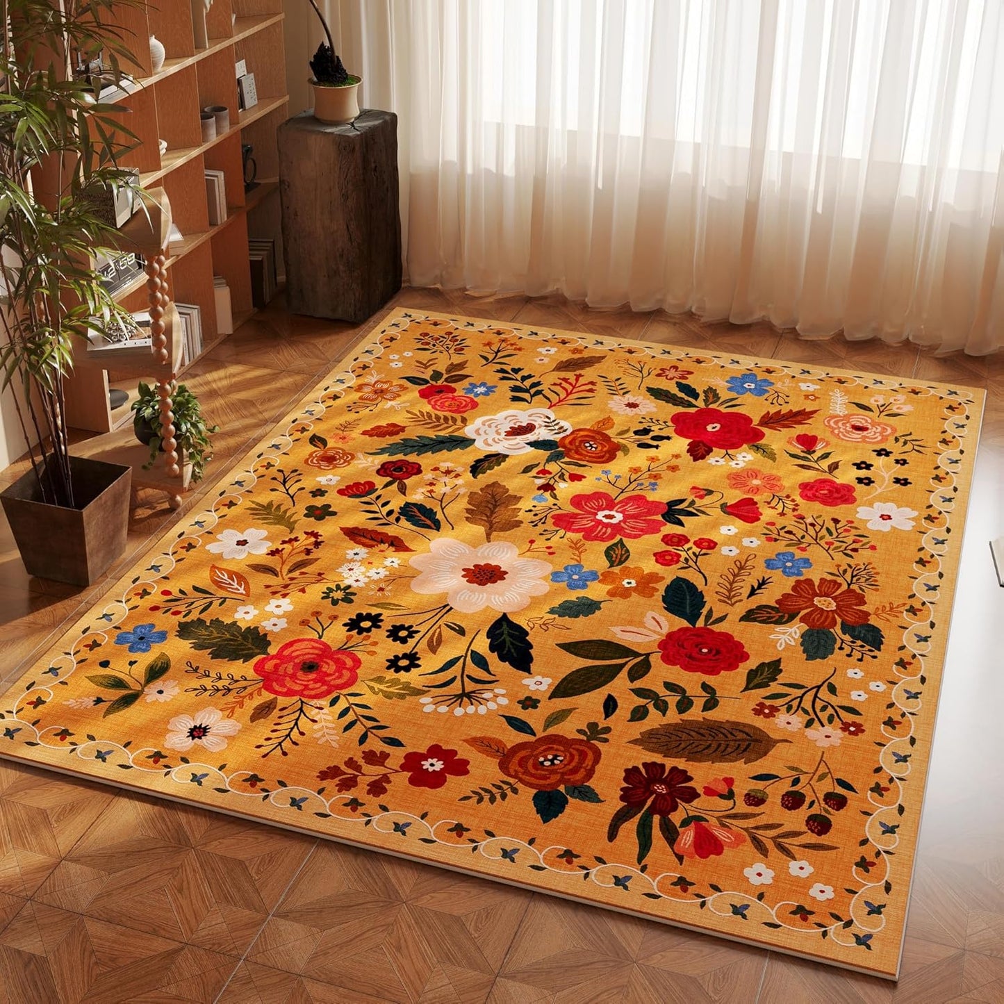 Bedroom Rug 3x5 Rug Washable Area Rug Non Slip Low Pile Boho Floral Small Carpet for Bedroom, Bedside, Kitchen, Entryway, Kids Room, Office, College Dorm Essentials for Girls(Yellow)