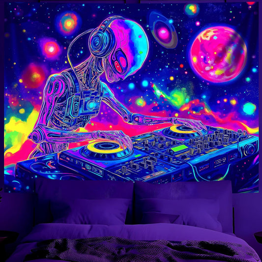 BVBOX Blacklight Space Alien Tapestry 79"x59", UV Reactive Glow in Dark DJ Alien Universe Galaxy Planet Music Tapestries, Black Light Neon Upright Poster Wall Hanging Backdrop Decor for Bedroom Living Room