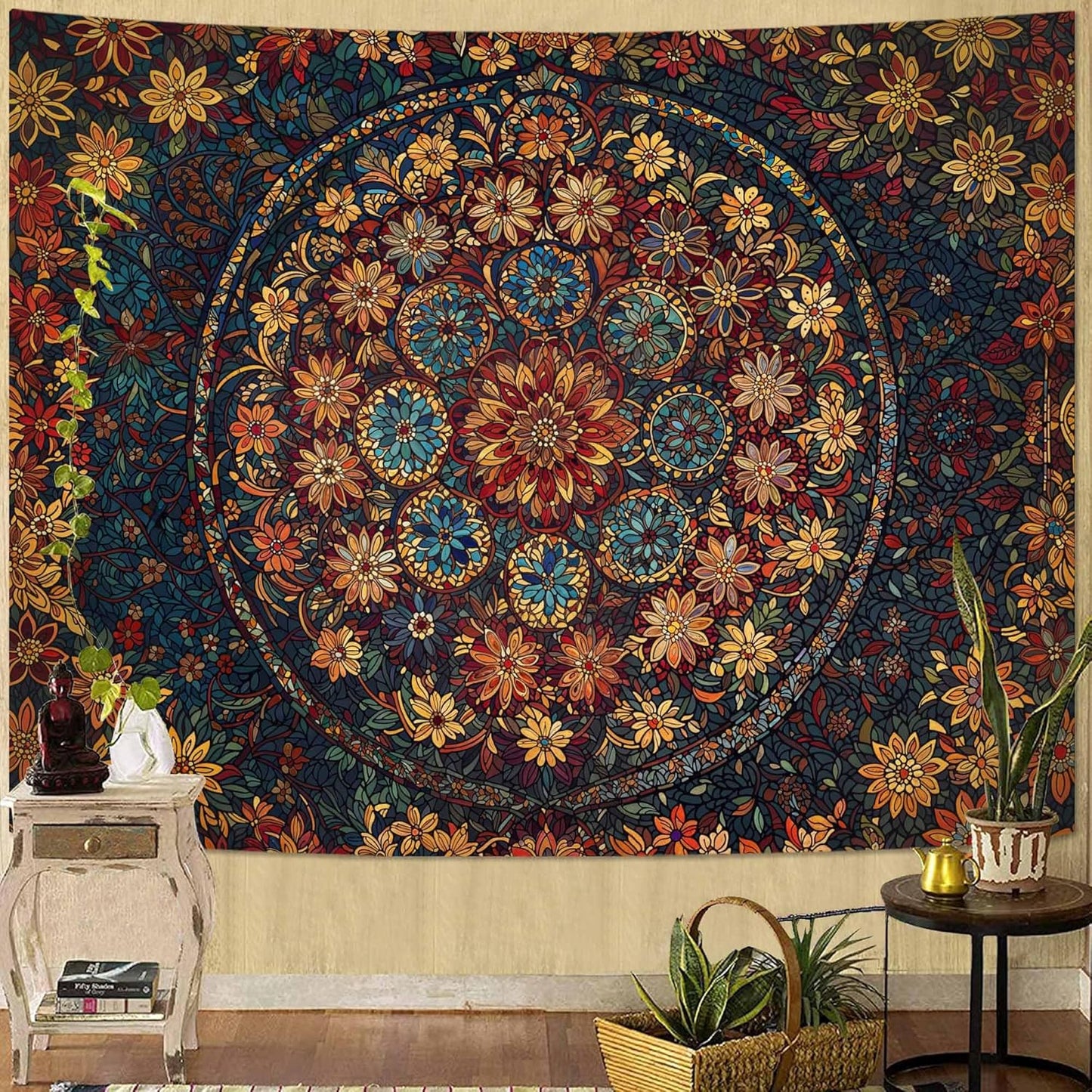 Fowocu Boho Floral Mandala Tapestry Wall Hanging Vintage Bohemian Flower Medallion Tapestry Aesthetic Orange Stained Glass Hippie Extra Large Tapestries for Bedroom Living Room Dorm Decor 90 x 68 Inch