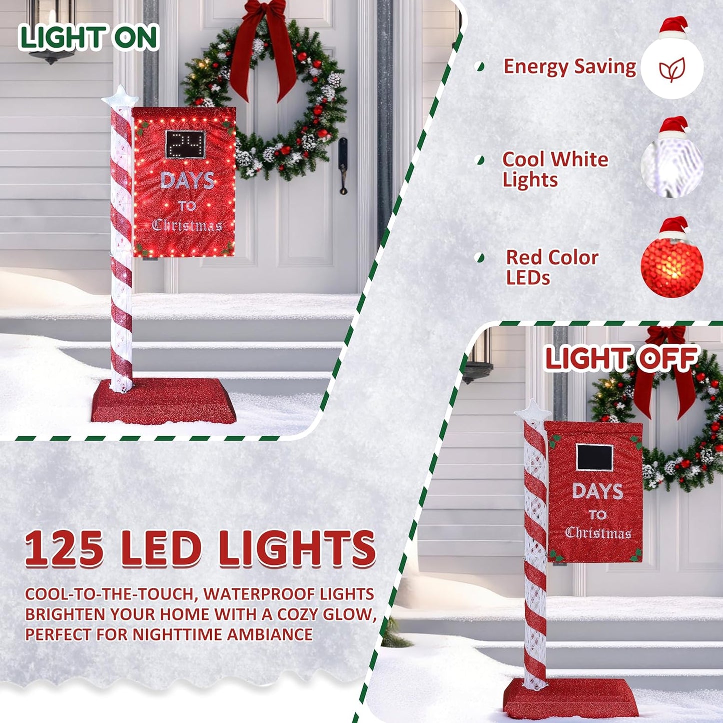 5FT Lighted Christmas Countdown Sign, Remote Control Available Within 0-60 Days, Holiday Countdown Sign Decor with 125 LED Lights, Freestanding Glittered Holiday Display for Outdoor, Indoor