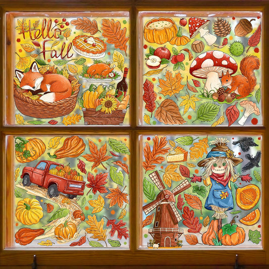 Fall Window Clings Decorations - Leaves Pumpkin Scarecrow Autumn Clings for Glass Windows, Double Sided Reusable Window Stickers, Cute Large Thanksgiving Harvest Window Decals-184 PCS/9 Sheet