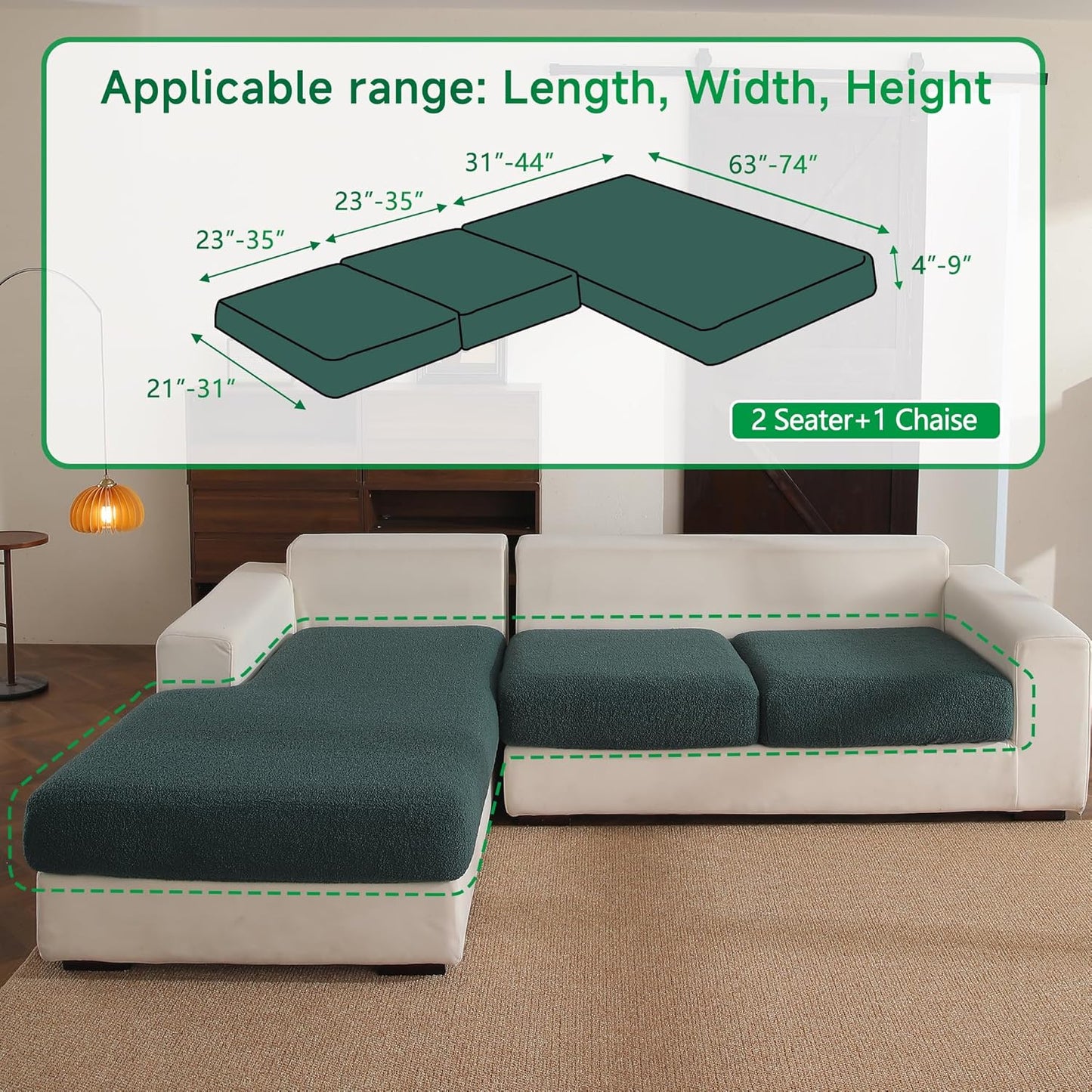Couch Cushion Covers for Sectional Sofa, Stretch Soft Sofa Slipcovers Washable Wear-Resistant Universal Furniture Protector for Living Room(2 Seaters Covers+1 Chaise Cover, Green)