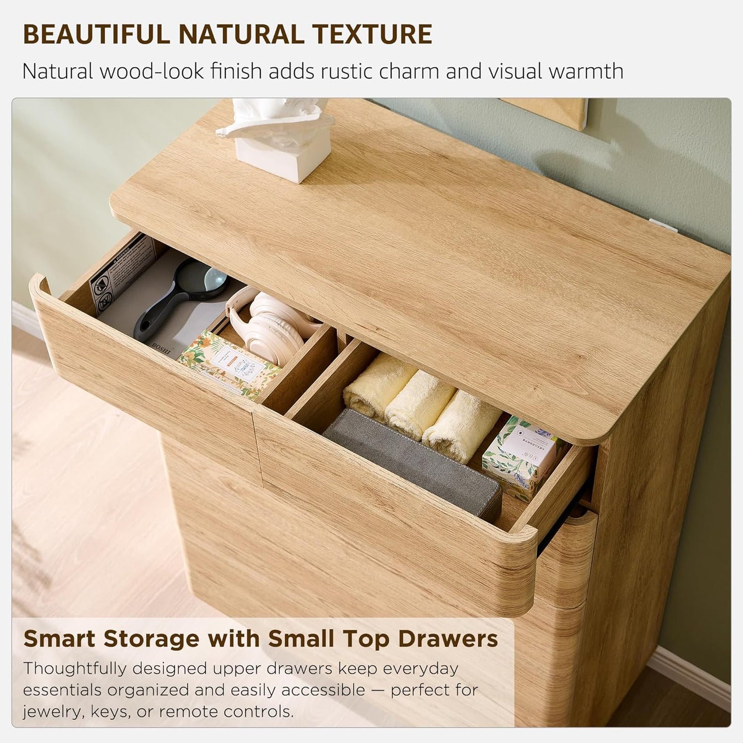 6 Drawer Dresser for Bedroom, 42 Inch Tall Modern Chest of Drawers, Push-to-Open Wood Storgae Organizer with Large Drawers for Bedroom, Living Room, Hallway, Natural Oak