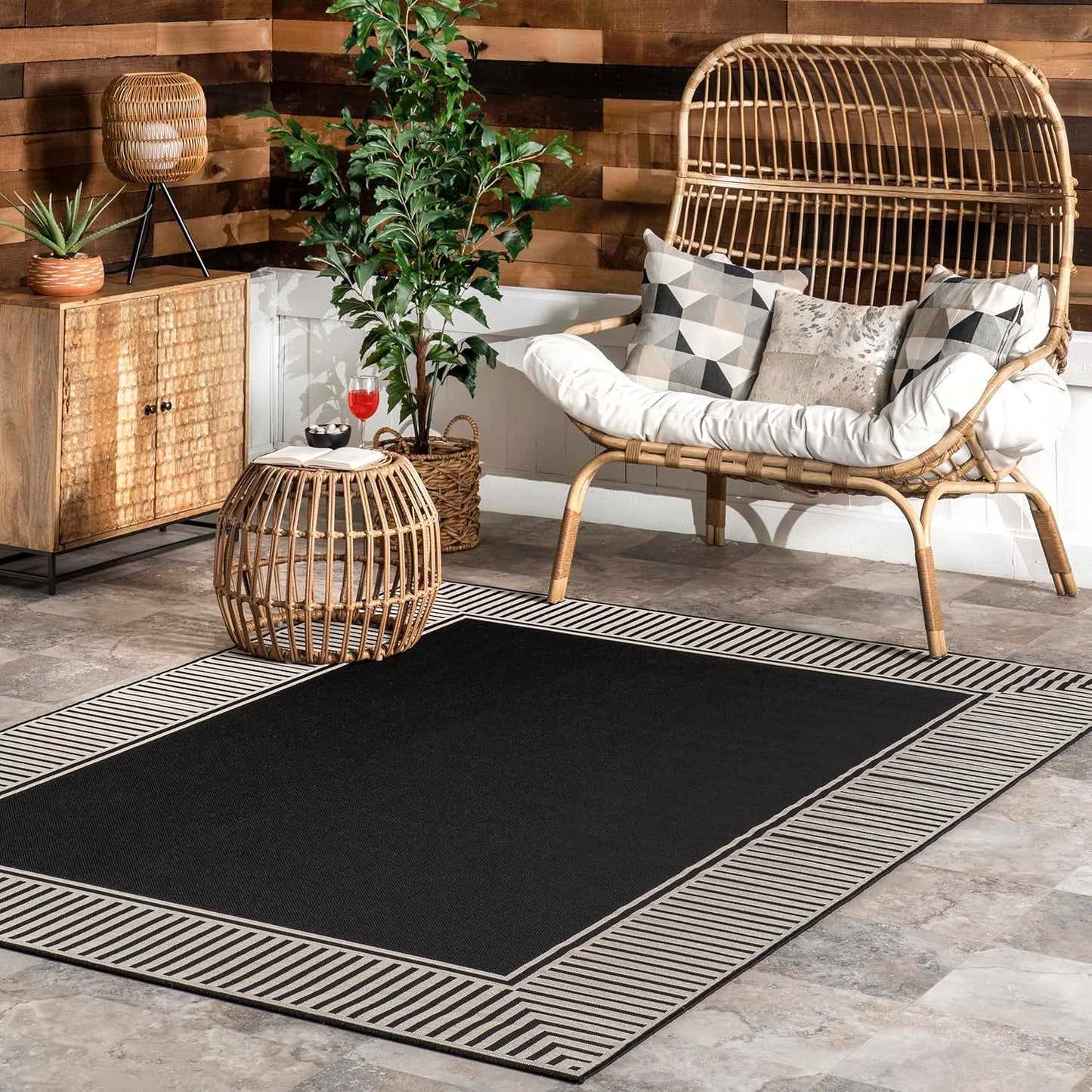 nuLOOM 9'6" x 12' Outdoor Area Rug, Casual Design With Striped Border, Stain Resistant, Highly Durable, For Patio, Balcony, Bedroom, Living Room, Dining Room, Bathroom, Black