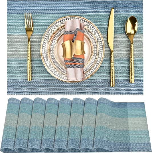 Placemats Set of 8 - Easy Clean Washable Vinyl Placemats - Wipeable Heat Resistant Table Mats for Dining Table - 17.7x11.8 Inch (8, Blue Gradient)