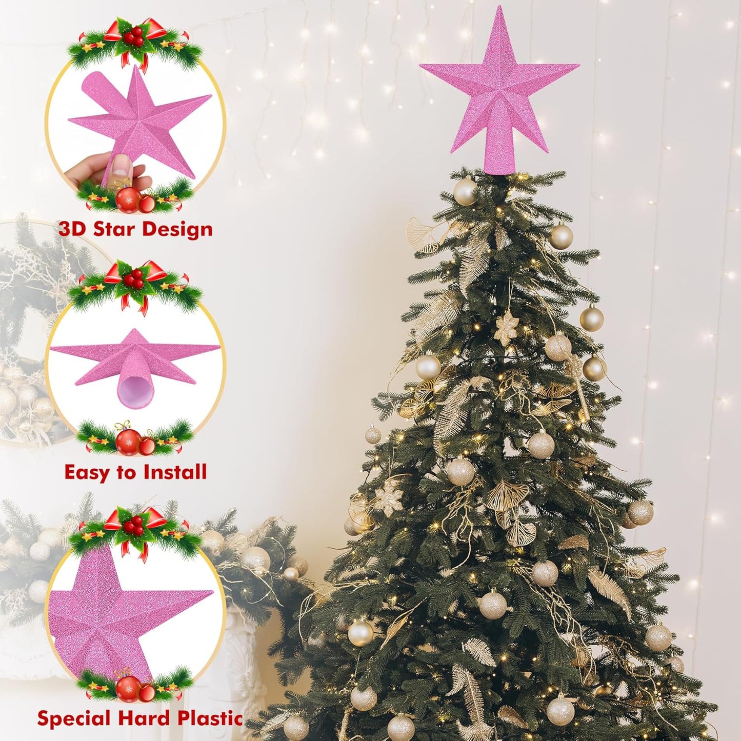 Christmas Tree Decoration, 6" Pink Christmas Tree Topper Star Accessories, Xmas Glitter 3D Bethlehem Tree Ornament, Waterproof Holiday Christmas Tree Topper Star Decorations for Home Indoor Outdoor