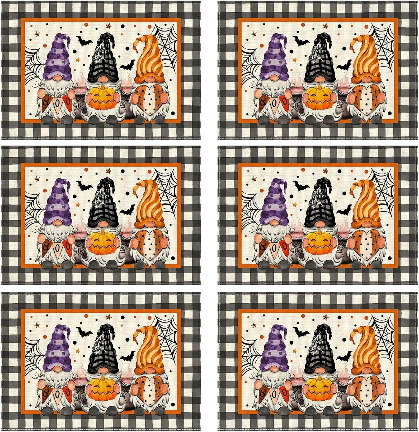 XCHI Spooky Boo Plaid Gnome Halloween Placemats Set of 6 Table Mats for Party Home Kitchen Dining Table Decorations 12x18 Inch