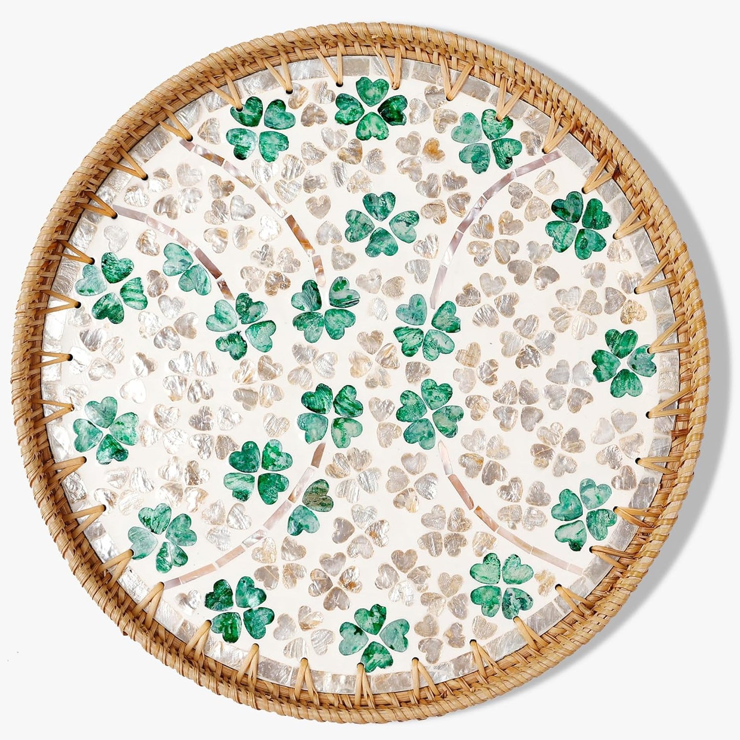 Round Rattan Tray with Mother of Pearl Inlay & Wooden Base - Decorative Wicker Serving Tray for Coffee/Bread/Fruits, Food Storage & Display - Multipurpose Home Decor (L,Four-Leaf Clover)