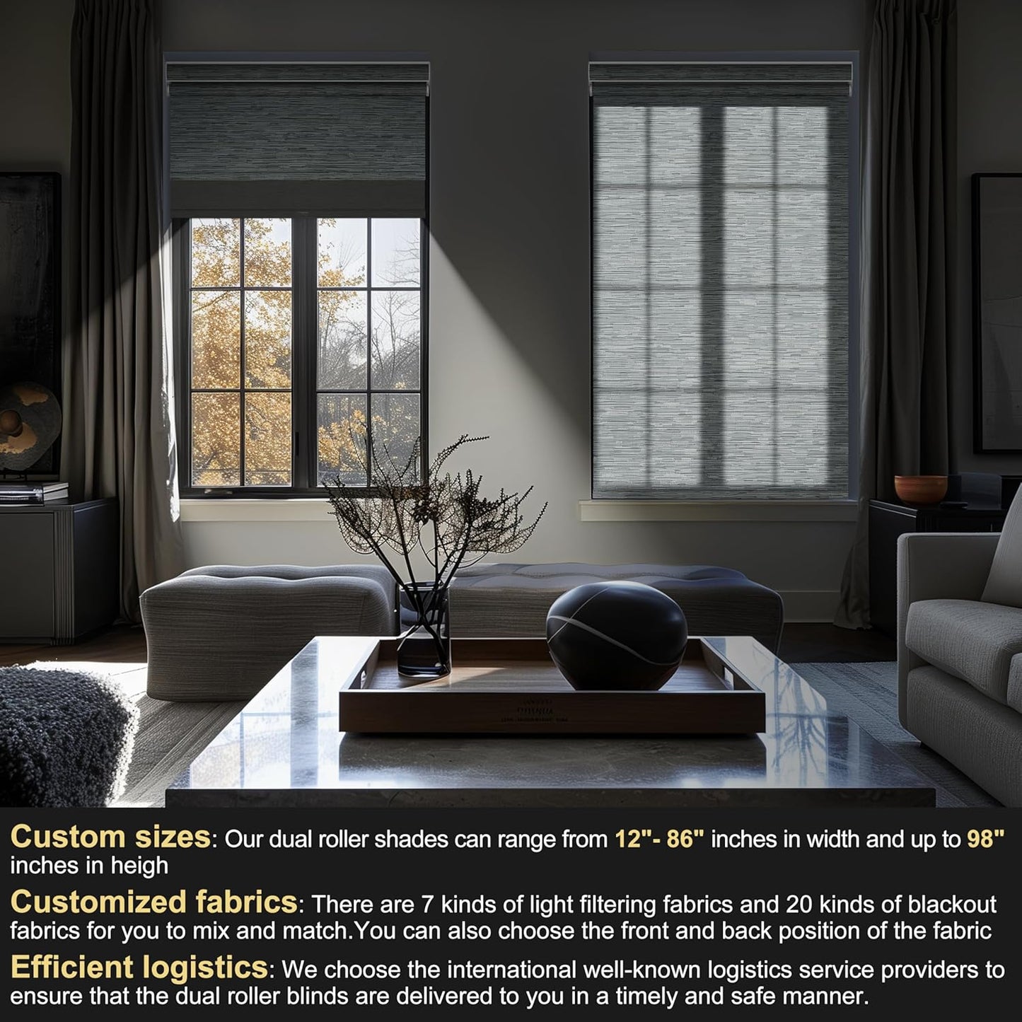 BERISSA Cordless Dual Roller Shades With Cassette Valance, Blackout and Light Filtering, Day and Night for Home Office Door - Striped Jacquard Grey, 52 W x 44" H