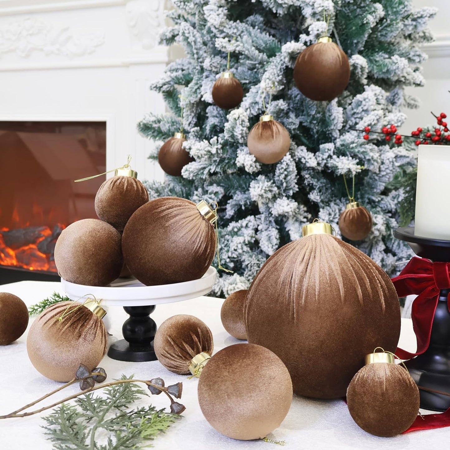 6inch Big Velvet Christmas Ornaments, 2pcs Flocked Ornaments Balls Sets for Christmas Tree Decorations Light Coffee