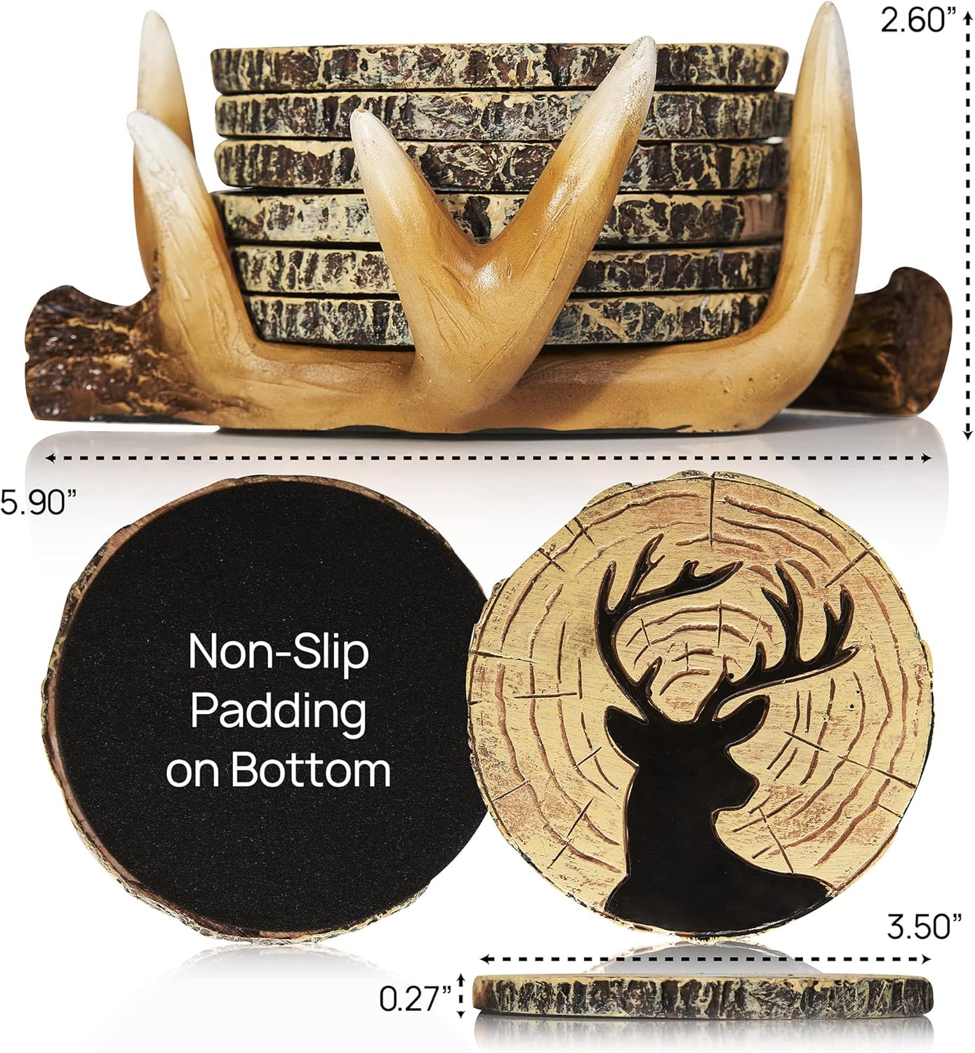 Deer Antlers Coaster Set of 6 – Handcrafted Deer Antler Decor and Man Cave Gifts for Men - 6 Full Size Deer Antlers Coasters for Man Cave Décor