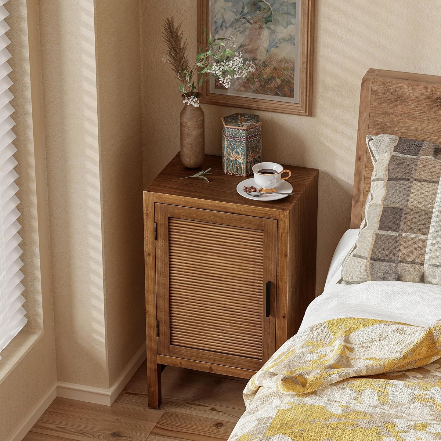 1 Door Farmhouse Nightstand, Rustic Slat Door Cabinet with 2 Shelves, Accent End Table with Storage for Bedroom, Brown