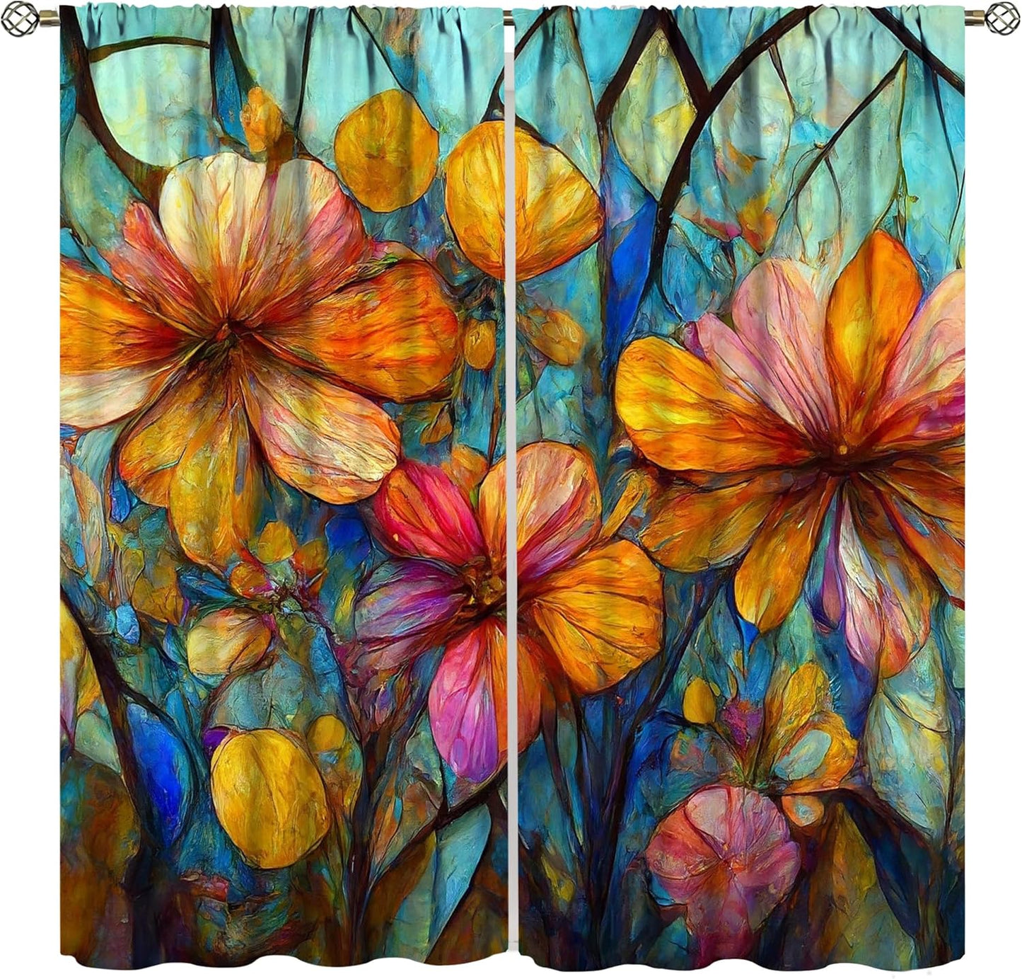 Stained Glass Curtains,Magic Forest Colorful Flowers Abstract Art Home Decor Drapes for Bedroom Living Room Kitchen Window Treatment 2 Panels Set Total Size 55" W X 63" L Inch