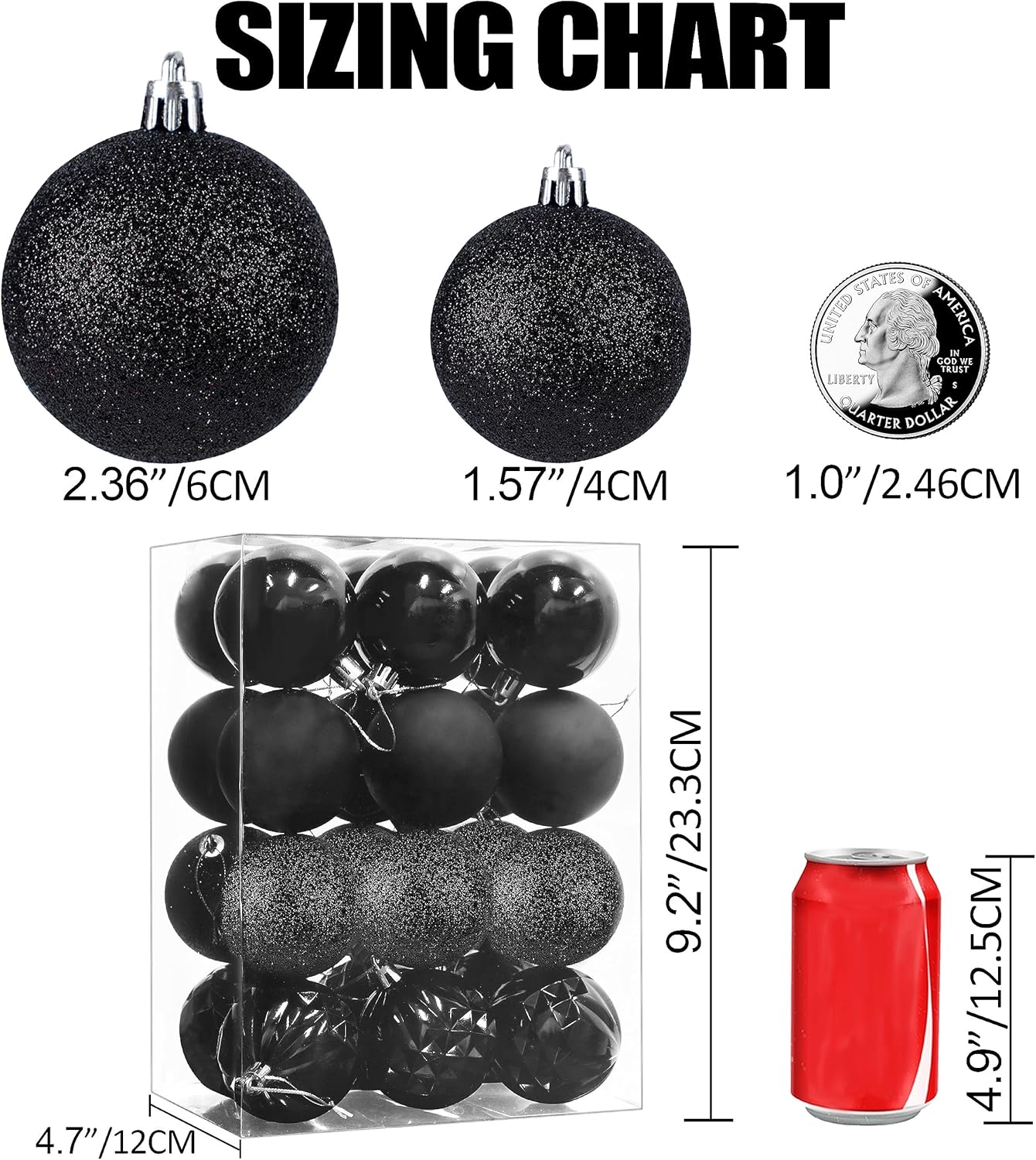 Lulu Home Halloween Ball Ornaments, 24 Ct 2.36" Pre-Strung Hanging Ornament Decorations, Shatterproof Plastic Balls for Holiday Party Wreath Garlands Trees, Black