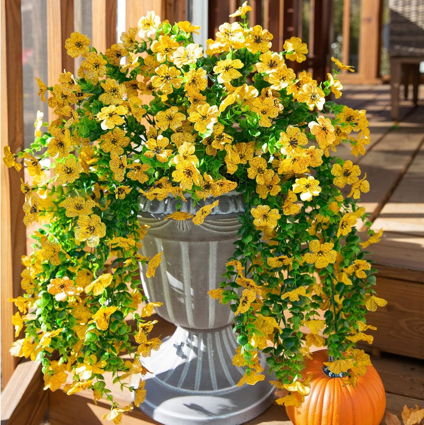 INSPRING Artificial Flowers Fall Faux Outdoor Outside Plants, 2 PCS Fake Silk UV Resistant Look Real Yellow Daisy Trailing Vines for Front Door Porch Planter Urn Patio Balcony Decoration