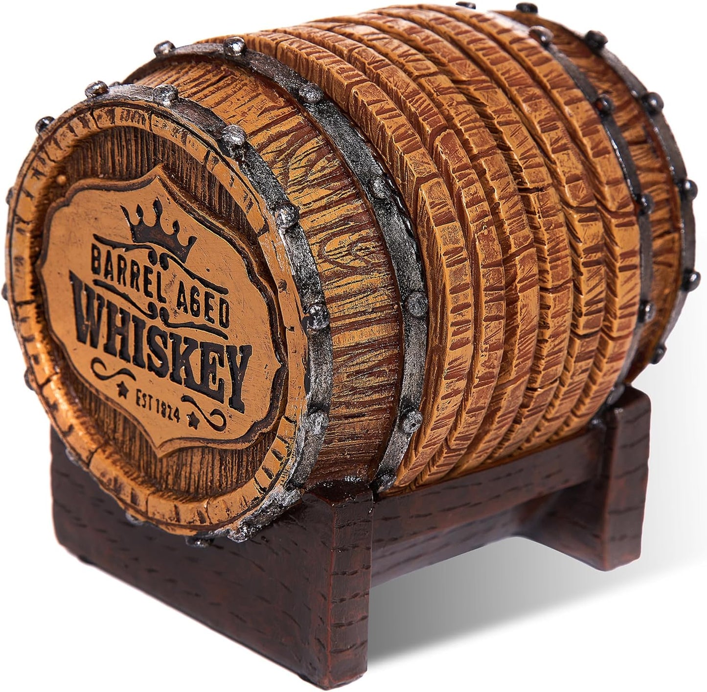 Cabin Obsession Whiskey Barrel Coaster Set – Handcrafted Whiskey Barrel Decor for Whiskey Lovers and Man Cave Gifts for Men - 6 Full Size Whiskey Coasters with Barrel Style Holder for Man Cave Décor