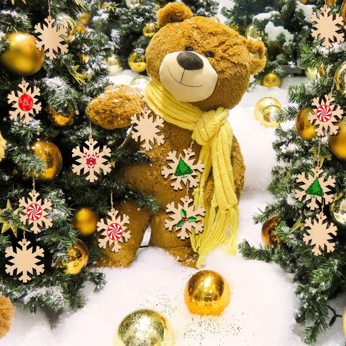 Blulu 60 Pieces Christmas Wooden Ornaments Round Wood Slices Snowflake Angel Shape with Cords for DIY Crafts New Year Christmas Tree Pendant Ornaments