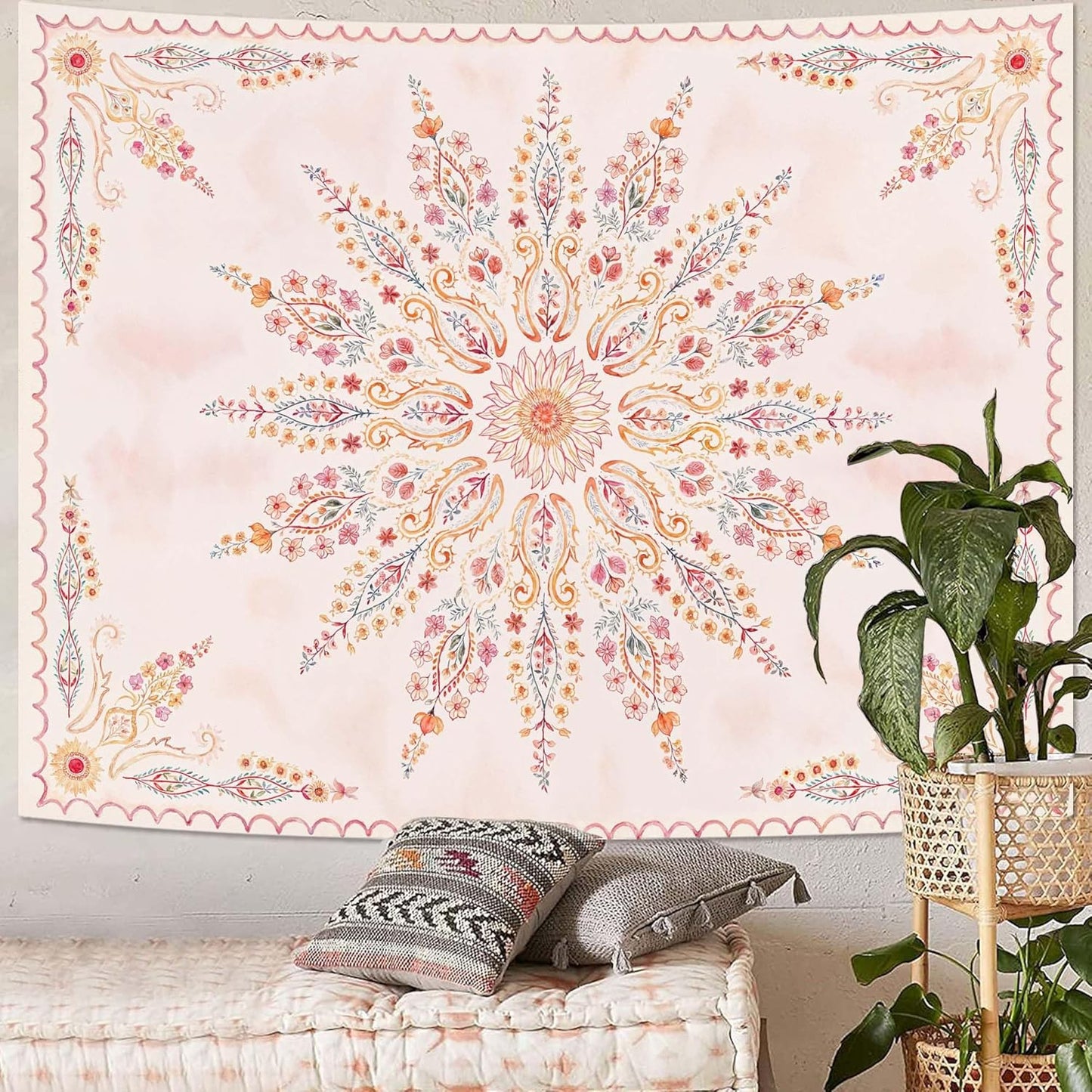 Fowocu Boho Floral Mandala Tapestry for Bedroom Aesthetic Pink Bohemian Flower Wall Tapestry Watercolor Hippie Indian Tapestries Wall Hanging for Living Room Dorm Decor 60 x 44 Inch
