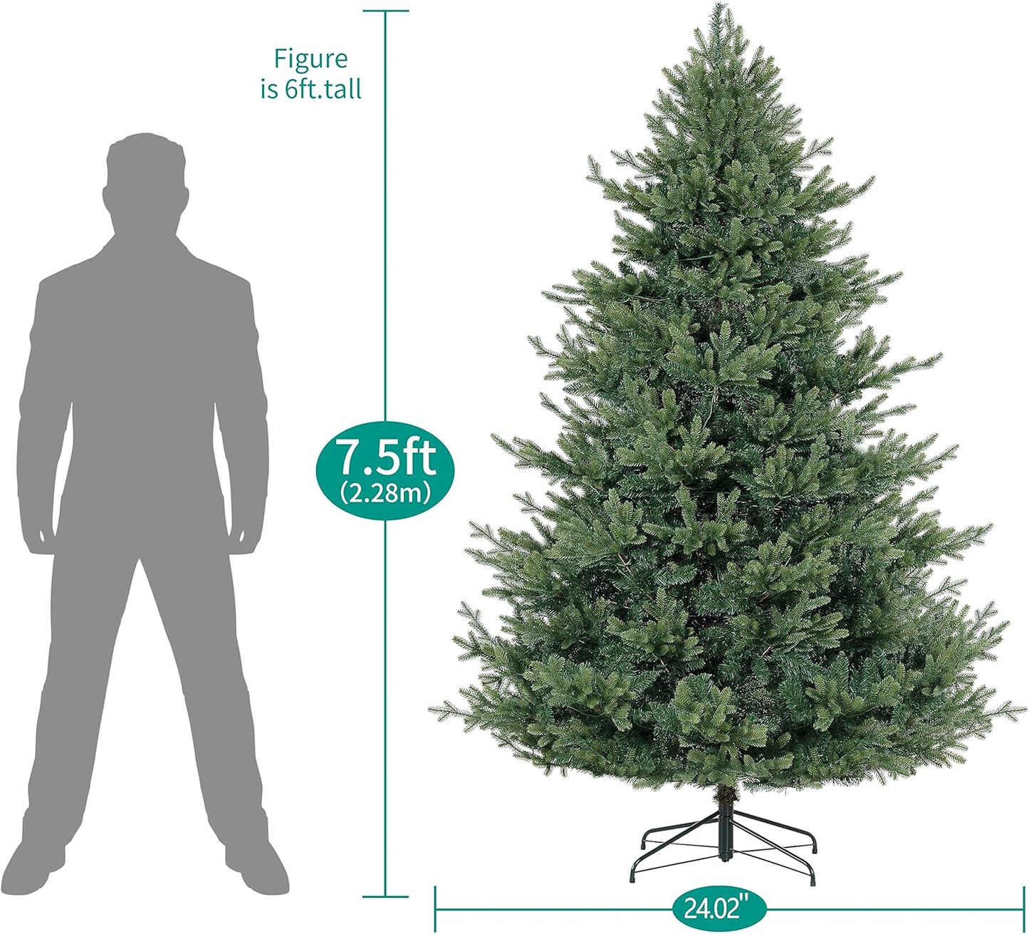 Naomi Home 7.5ft Traditional Christmas Tree with Lights Realistic Classic Christmas Tree Prelit with 4130 Branch Tips 600 Warm Lights and Metal Stand Aritificial