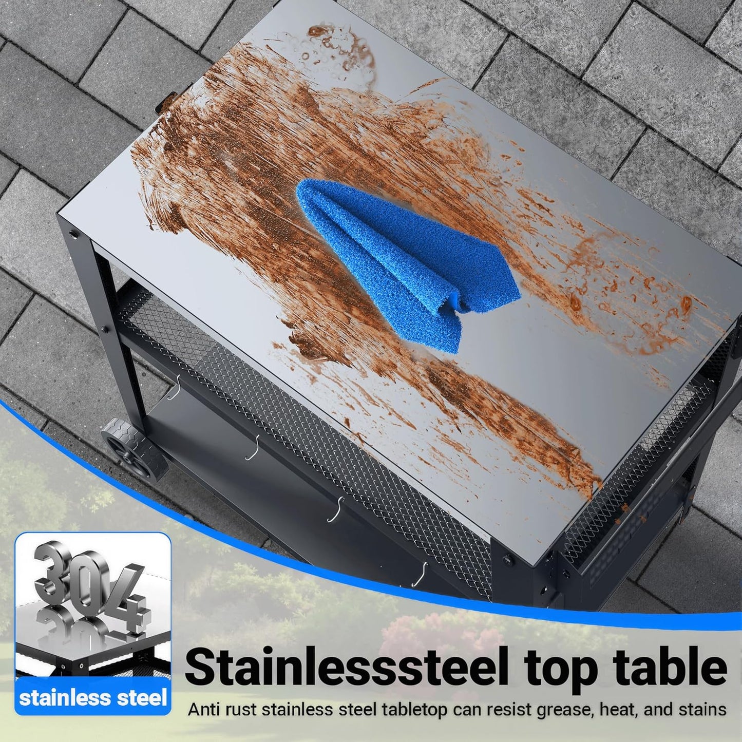 3-Shelf Outdoor Grill Table & Pizza Oven Cart with Wheels, Stainless Steel BBQ Prep Table with Hooks, Mobile Grill Stand for Blackstone/Ooni (Stainless Steel)