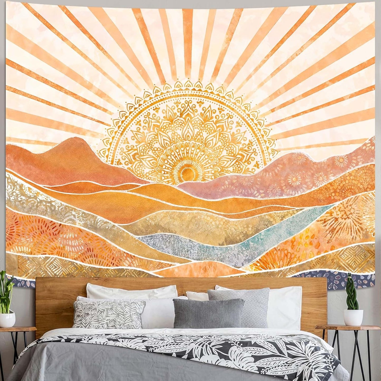 Lunerfex Bohemian Mandala Sunrise Wall Tapestry, Abstract Mountain Scenery Tapestries for Home Decor, Boho Tapestry 60x44 Inch