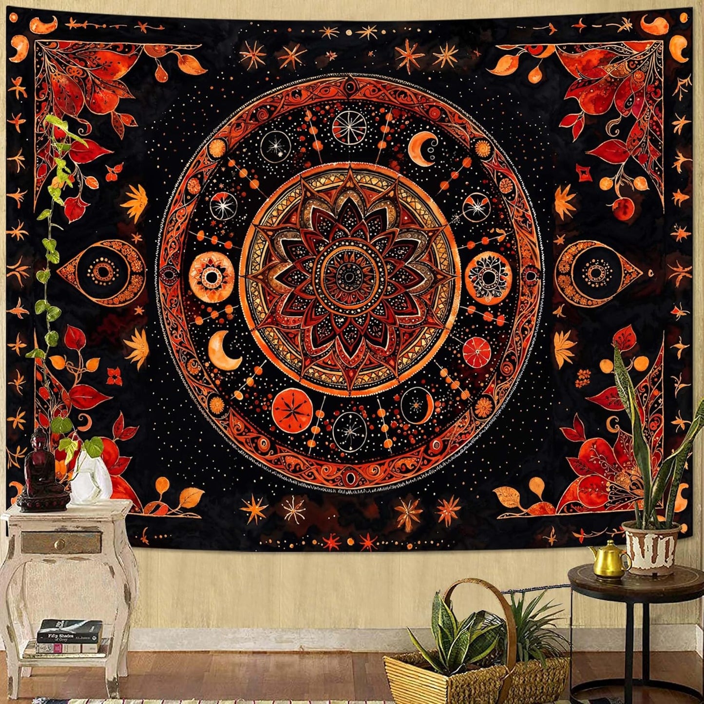 Lunerfex Mandala Moon and Stars Tapestry Boho Tapestry for Bedroom Black and Orange Tapestries Wall Hanging Living Room Wall Art and Home Decor 70x90