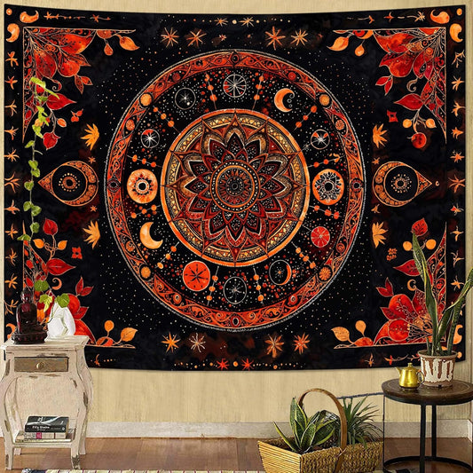 Lunerfex Mandala Moon and Stars Tapestry Boho Tapestry for Bedroom Black and Orange Tapestries Wall Hanging Living Room Wall Art and Home Decor 70x90