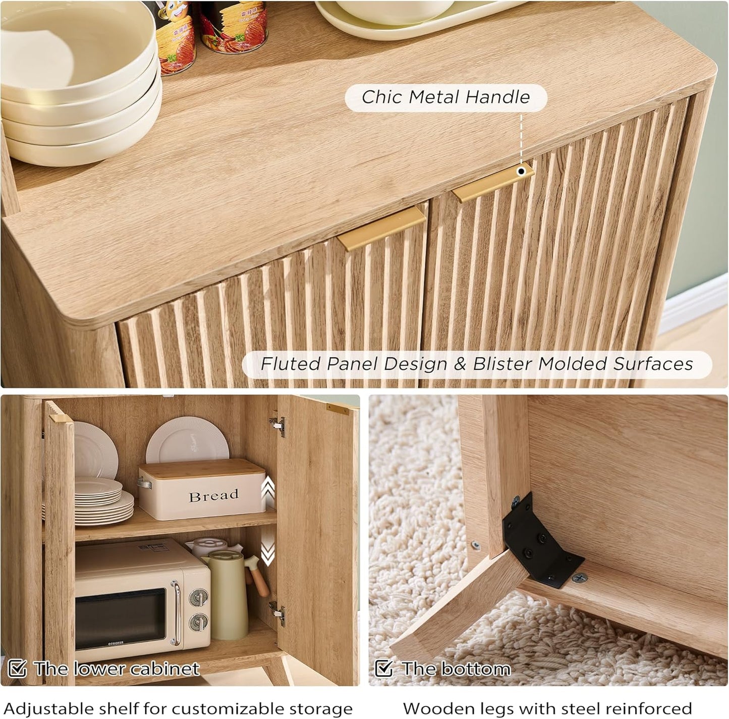 OKD Fluted Kitchen Pantry, 72" Tall Mid Century Modern Storage Cabinet with Adjustable Shelves & Door Organizer, Wood Cabinet for Kitchen, Living Room, Natural Oak