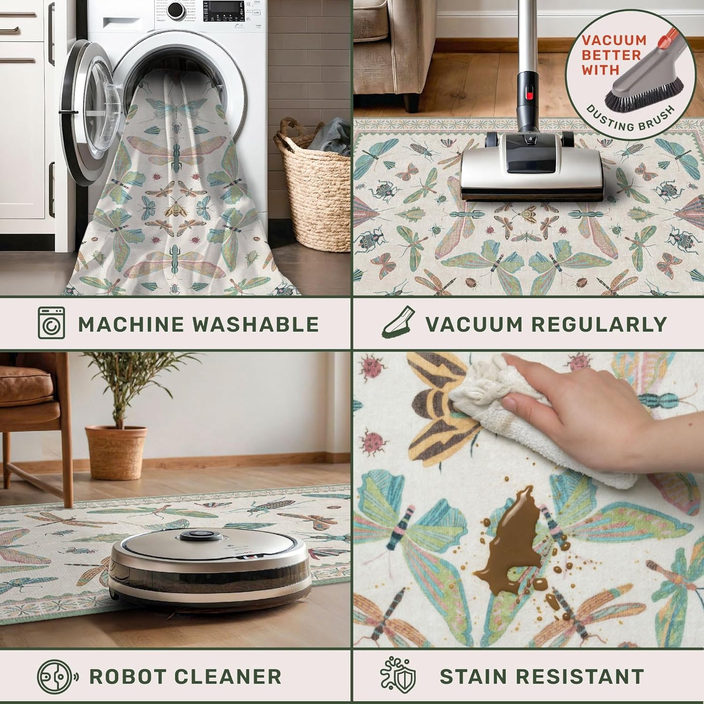 Light Blue and Pink Rug 4x6 Rugs for Bedroom Under Bed - Insect Print Multi Color Decor, Low Pile Non Slip Stain Resistant Throw Rug for Nursery Room Boys, Kitchen, Floor Carpet Aesthetic