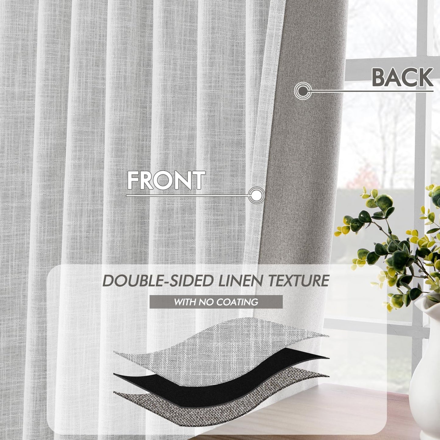 MIULEE Greyish White 100% Blackout Linen Curtains 96 Inch 2 Panels Set Double Sided No Coating Pinch Pleated Back Tab Floor to Ceiling Black Out Thermal Insulated Bedroom Living Room Darkening Drapes