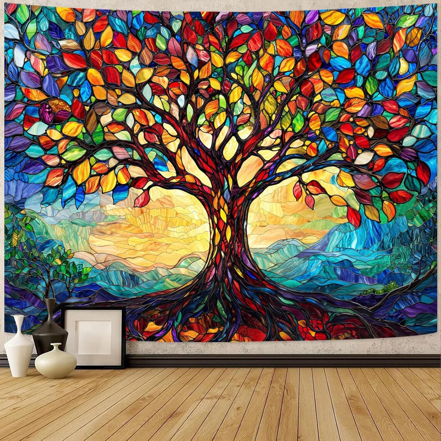 Lunerfex Tree of Life Tapestry Stained Glass Tapestry Wall Decor Tapestries for Bedroom Art Tapestries Wall Hanging for Bedroom Living Room Glass-Tree-01 44"x60"