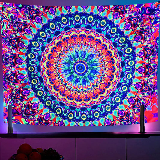 OSVINO Blacklight Colorful Mandala Tapestry 79"x59" Kaleidoscopic Trippy Room Decor Black Light Poster Bohemian Wall Decor for Bedroom Backdrop Decor