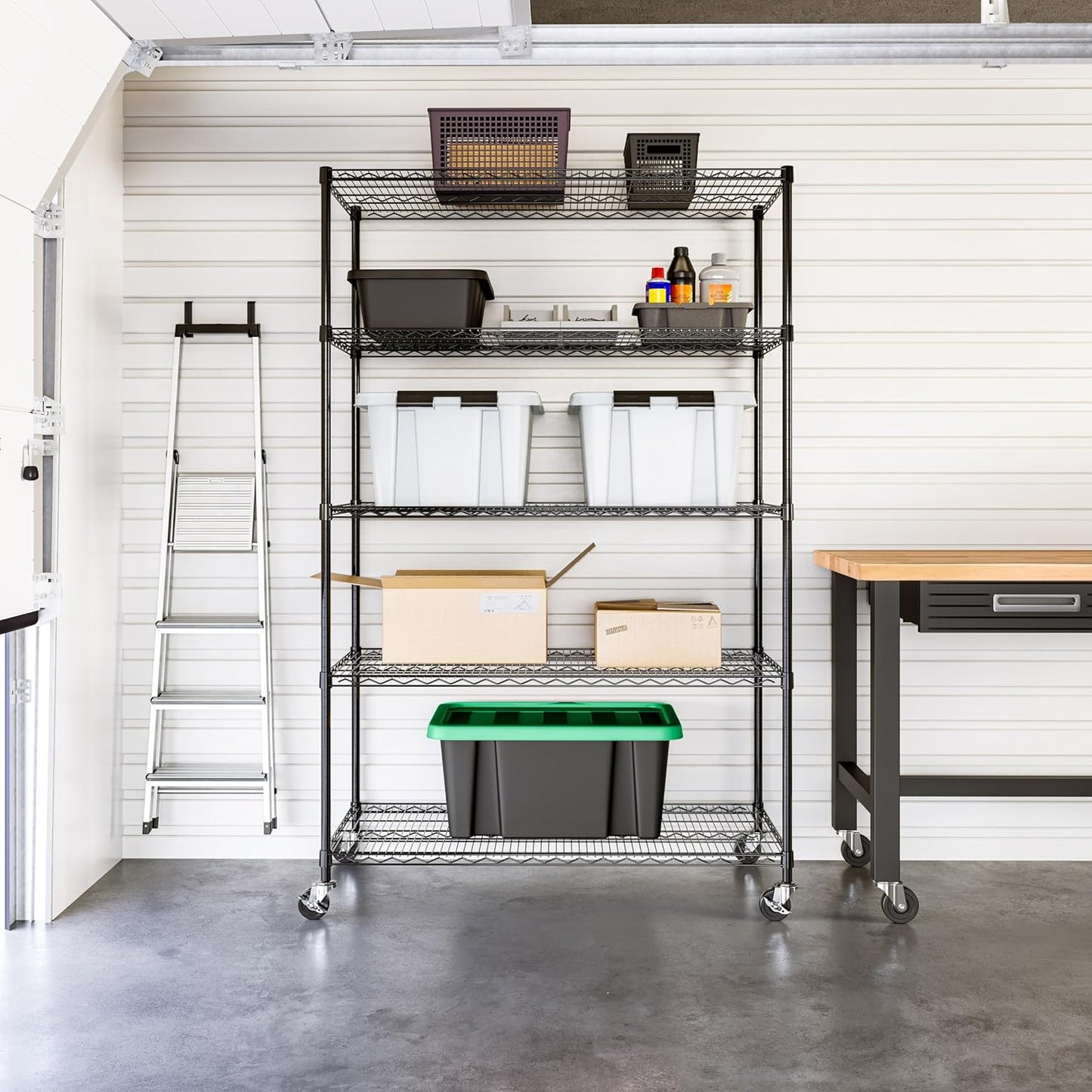 Seville Classics UltraDurable Heavy Duty NSF Solid Steel Wire Rack Storage Unit, Organizer for Garage, Warehouse, Office, Restaurant, Classroom, Kitchen, Black, 5-Tier Shelving, 48" W x 24" D