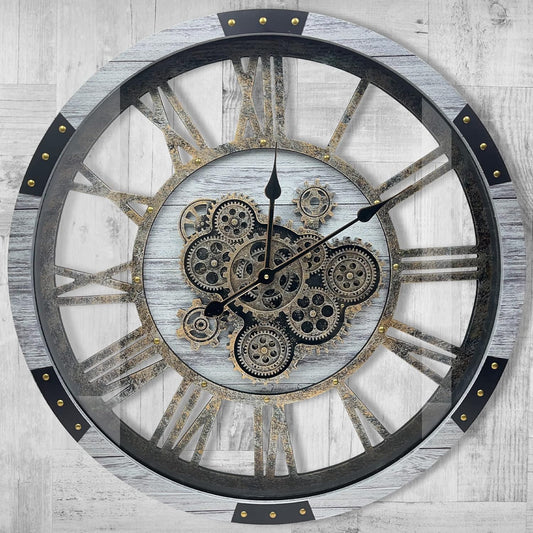 DORBOKER 27" Original Moving Gears Wall Clock, Large Industrial Wall Clock for Living Room Decor, Retro Metal Solid Wood Vintage Farmhouse Steampunk Rustic Clocks for Wall Decor,Silver Grey