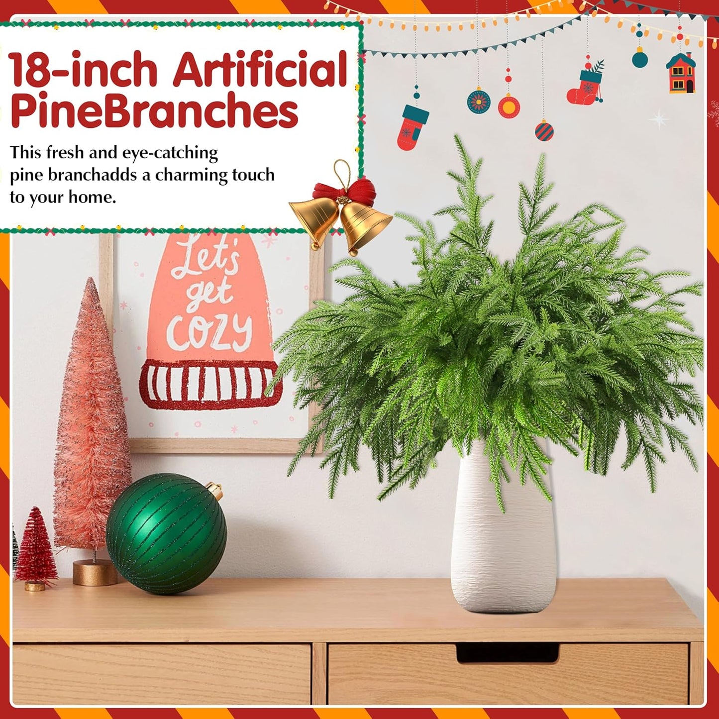12Pcs Artificial Norfolk Pine Branches 18" Plastic Christmas Plants Decor Faux Greenery Stems Pine Picks Outdoor Faux Plants UV Resistant for Xmas Indoor, Front Porch Home Décor (12, 18inch)