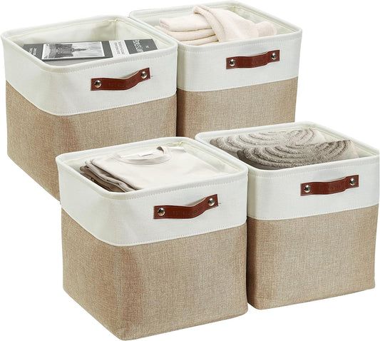 DECOMOMO Storage Cubes, 11x11 Cube Storage Bins, Baskets for Shelves (Beige & White, Cube 11" - 4 Pack)